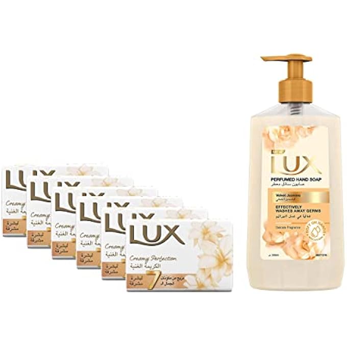 Lux صابون بار لكس كريمي الكمال 170 جرام (عبوة من 6) + غسول يد سائل لكس مضاد للبكتيريا غني بالجليسرين، لمسة مخملية لجميع أنواع البشرة، 500 مل - Image 1